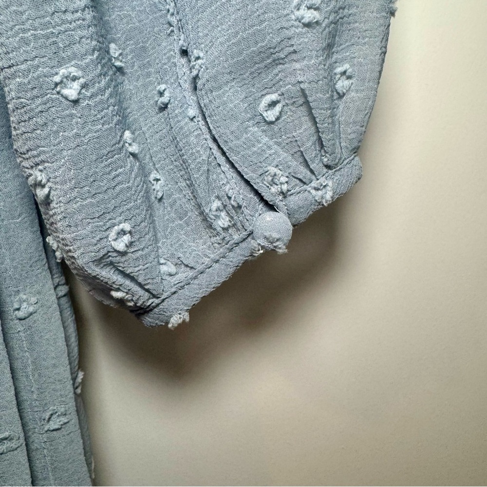 NWT Lulus Dusty Blue Swiss Dot Sheer Long Sleeve Pleated Mini Dress, Sz M - Picture 7 of 10
